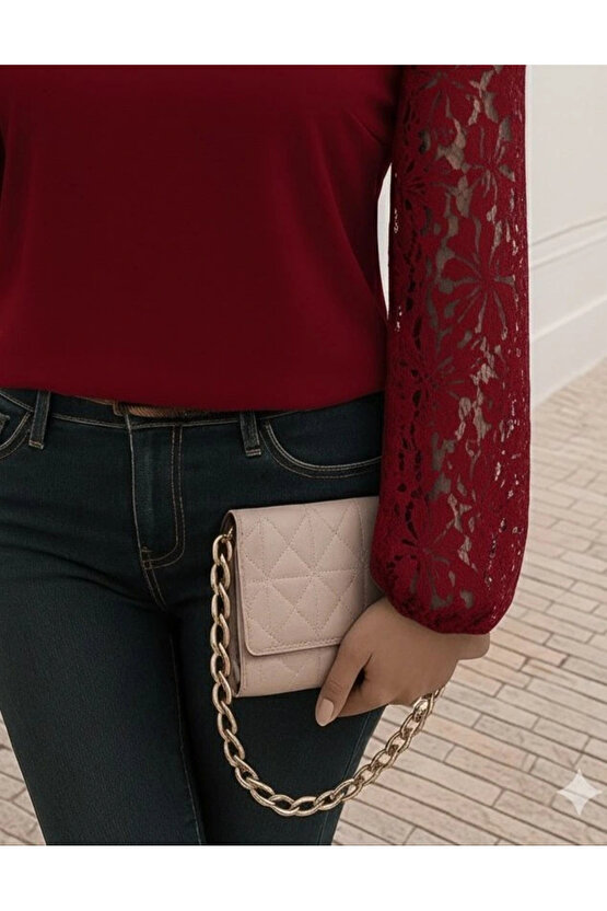 Kadın Uzun Kollu Asimetrik Yakalı Dantelli Ithal Krep Bluz