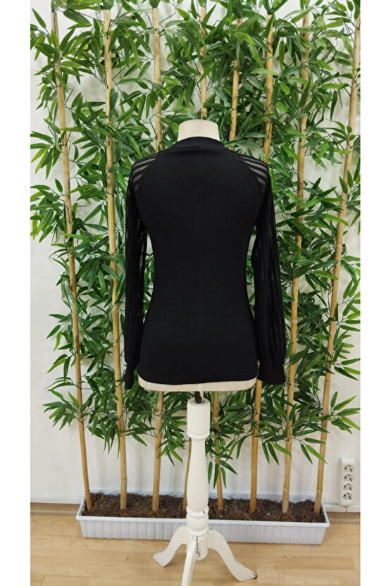 Kadın Uzun Kollu Tül Detaylı Bisiklet Yakalı Kaşkorse Bluz