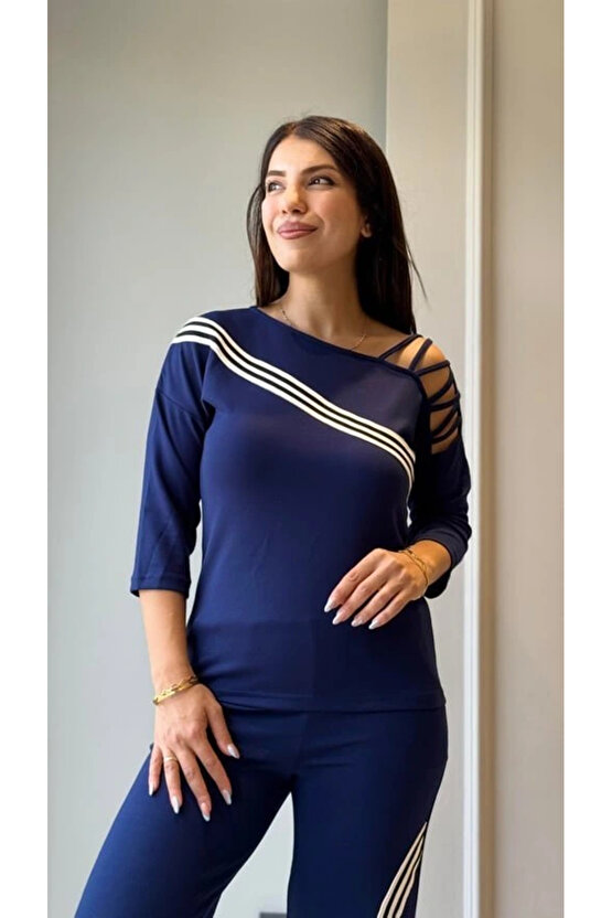 Kadın Uzun Kollu Truvakar Kol Tek Omuz çapraz şerit Detaylı Ribanalı Viskon Iki Iplik Bluz Ve Pantol