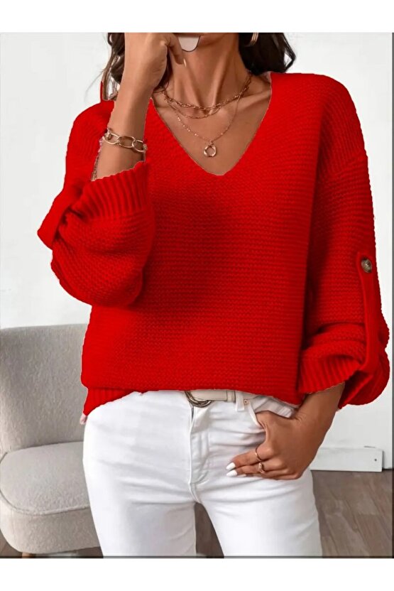 Kayran Clein Kadın Uzun Kollu V Yakalı Düğmeli Triko Bluz