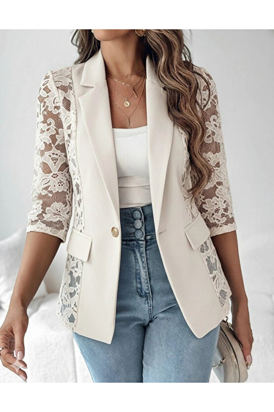 Kadın Uzun Kollu Truvakar Kol önden Düğmeli Cepli Dantelli Atlas Ceket