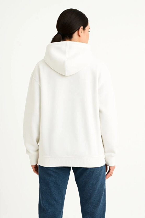 Samuray Ninja Çift Kapşonlu ZIP Fermuarlı Kanguru Çepli Hoodie Maske Detaylı Swetshirt - Beyaz