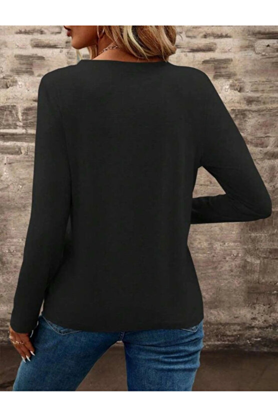 Kadın Uzun Kollu Cepli V Yakalı Viskon Iki Iplik Bluz