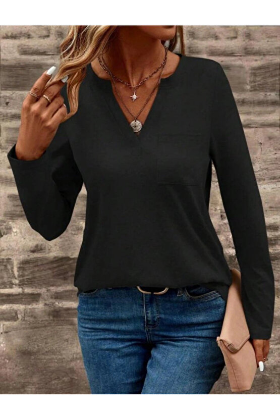 Kadın Uzun Kollu Cepli V Yakalı Viskon Iki Iplik Bluz