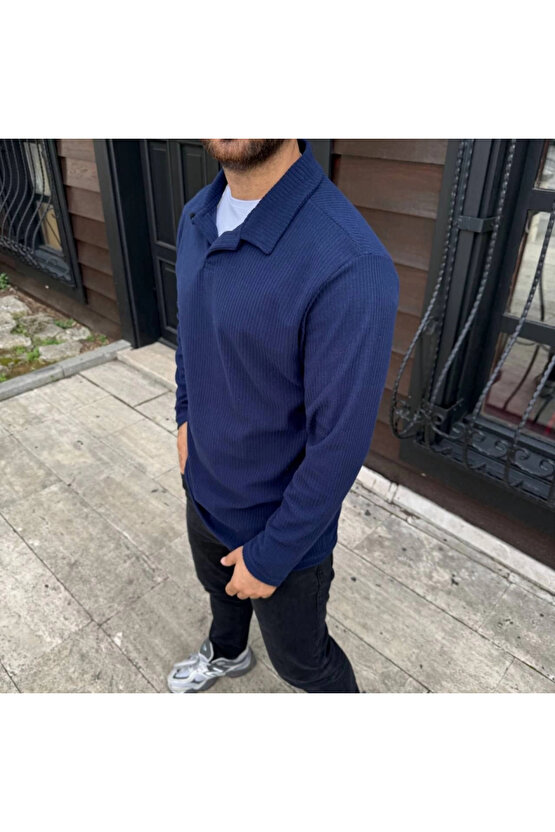 Erkek Fitilli Polar Sweatshirt – Düğmesiz Polo Yaka, Oversize Rahat Kalıp, Kalın Polar Kumaş, Kışlık