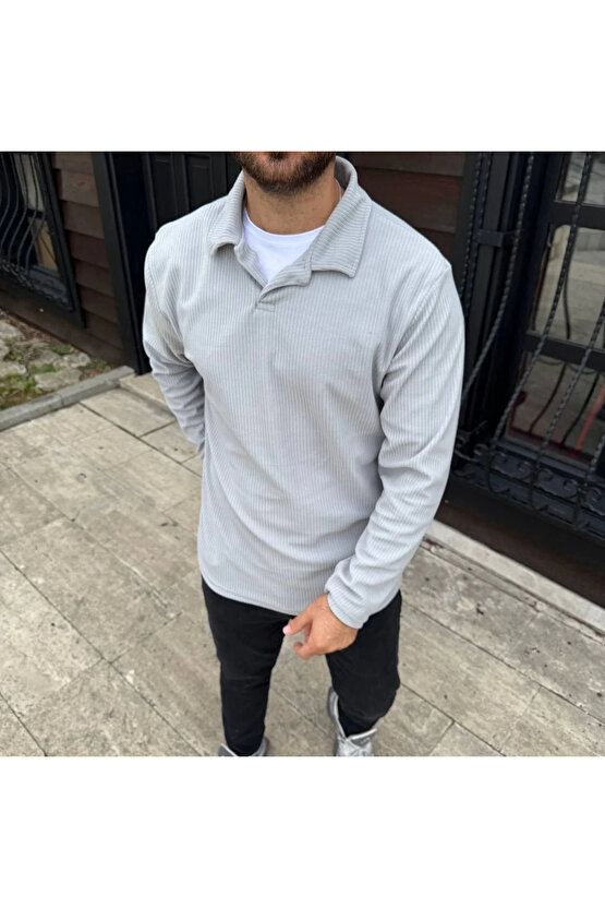 Erkek Fitilli Polar Sweatshirt – Düğmesiz Polo Yaka, Oversize Rahat Kalıp, Kalın Polar Kumaş, Kışlık