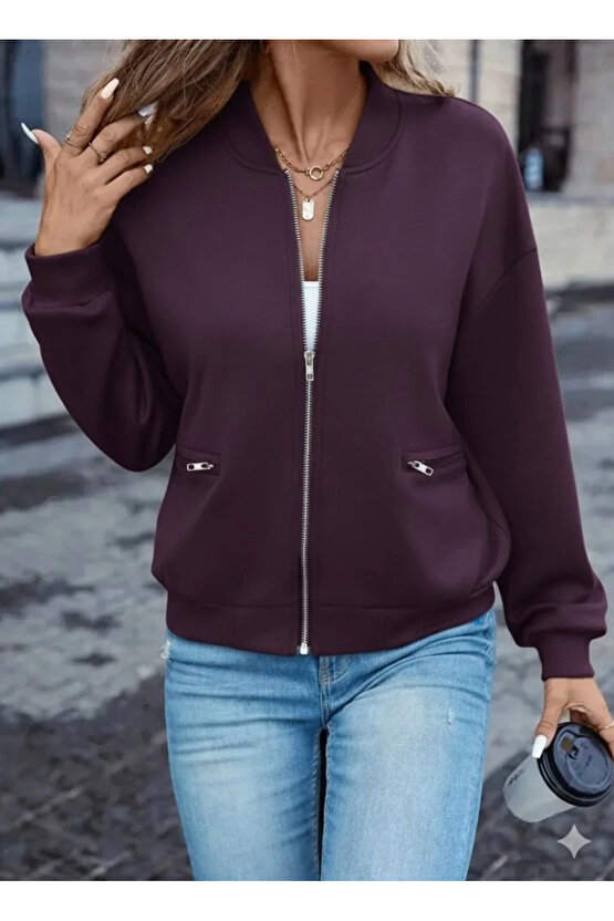 Kadın Uzun Kollu önden Fermuarlı Cepli Modal Mürdüm Ceket