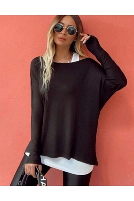 Kayran Clein Kadın Uzun Kollu Tek Omuzdan Açık çilek Bluz Ve Viskon Atlet Ikili Takım