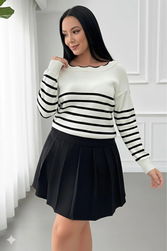 Kadın Beyaz Sırt Bağlama Detaylı çizgi Desen Triko Bluz