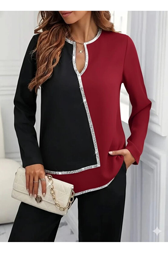 MDB Kadın Uzun Kollu V Yakalı Pul Payet Işlemeli Ithal Krep Bluz
