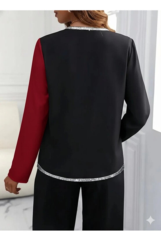 MDB Kadın Uzun Kollu V Yakalı Pul Payet Işlemeli Ithal Krep Bluz