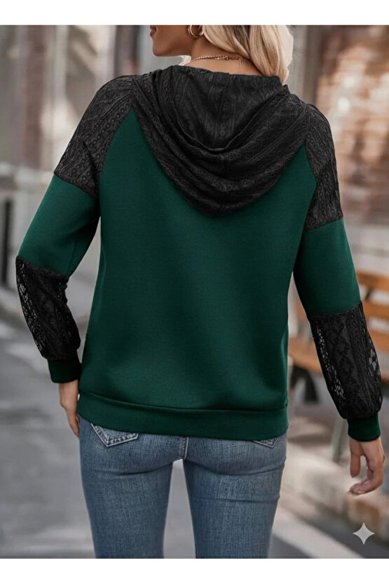 Kadın Uzun Kollu Dantelli Kapşonlu Viskon Iki Iplik Bluz