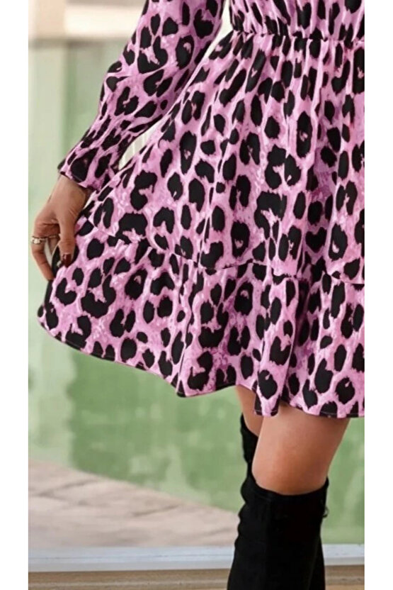 Kadın Uzun Kollu Yarı Balıkçı Yaka Leopar Desenli Modal Mini Elbise