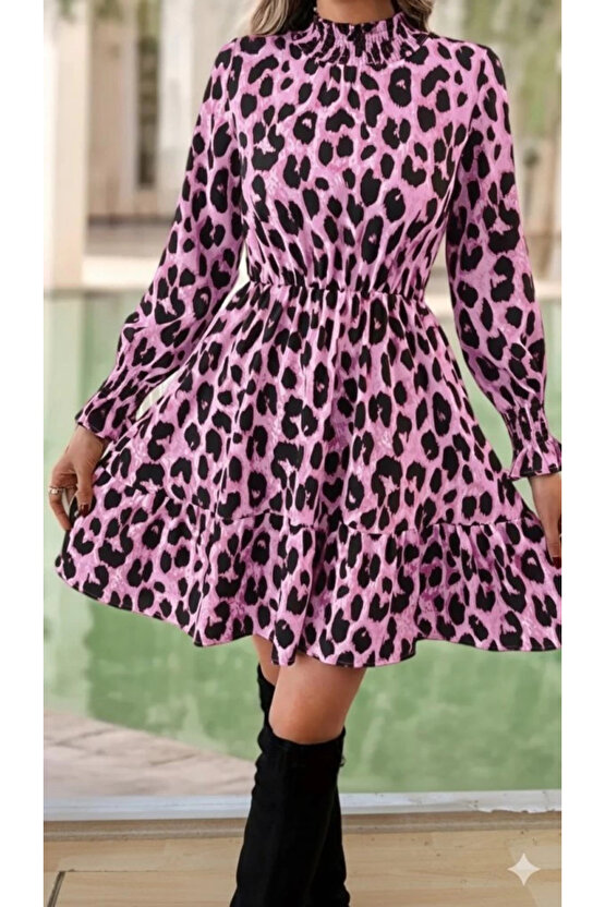 Kadın Uzun Kollu Yarı Balıkçı Yaka Leopar Desenli Modal Mini Elbise