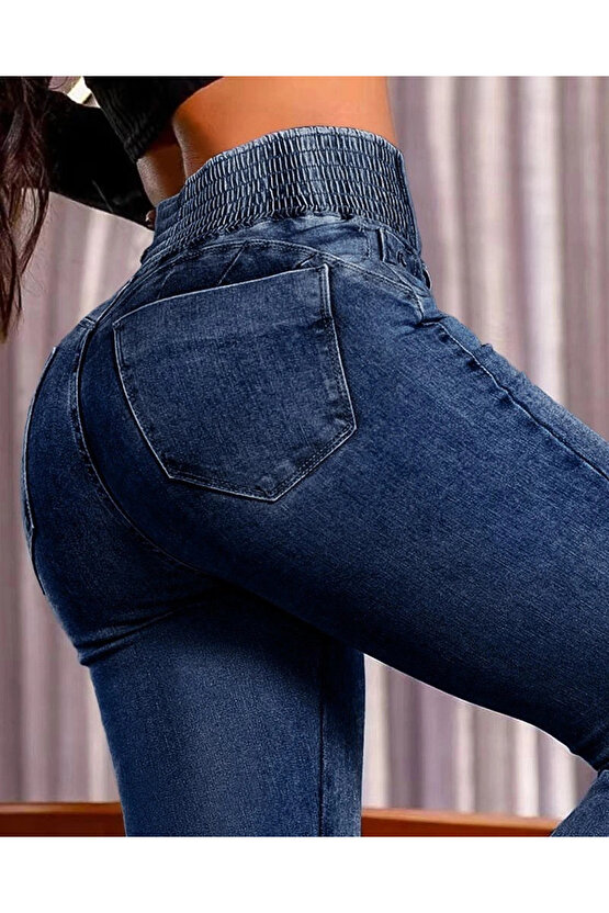 Kadın Yüksek Bel Yanları Lastik önü Düğmeli Kot Pantolon