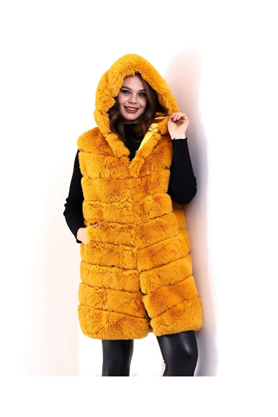 Kadın Kapşonlu Peluş Kürk Yelek Premium Kalite, Tam Astarlı, Uzun Model - Sarı