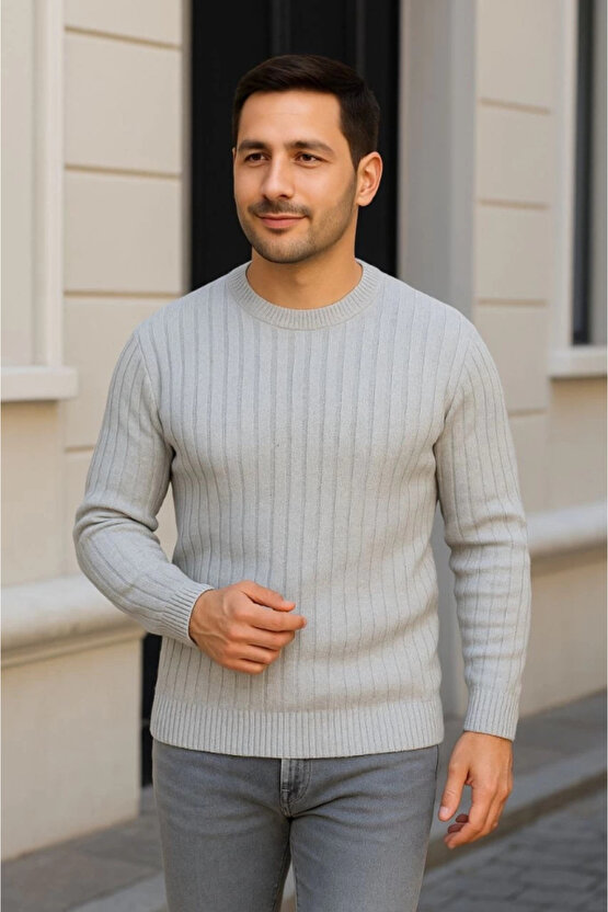 Erkek Bisiklet Yuvarlak Yaka Triko Kazak Pamuklu Kalın Fitilli Dokuma, Regular Fit Uzun Kollu Kışlık