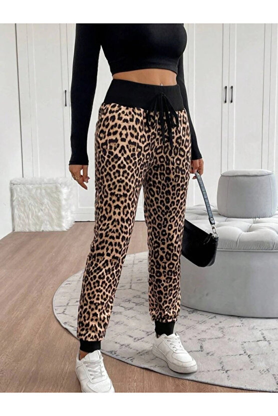 Kadın Yüksek Bel Bağcıklı Desenli Iki Iplik Pantolon