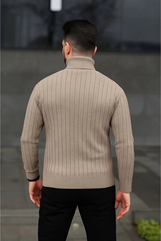 Erkek Balıkcı Yaka Bağazlı Triko Kazak Pamuklu Kalın Fitilli Dokuma, Regular Fit Uzun Kollu Kışlık M