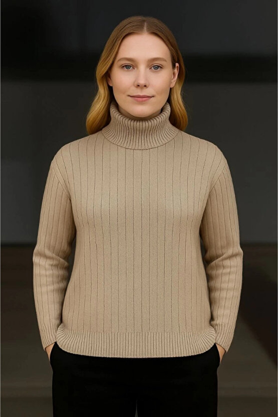 Balıkcı Yaka Bağazlı Triko Kazak Pamuklu Kalın Fitilli Dokuma - Bej