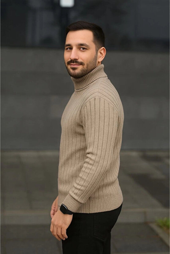 Erkek Balıkcı Yaka Bağazlı Triko Kazak Pamuklu Kalın Fitilli Dokuma, Regular Fit Uzun Kollu Kışlık M