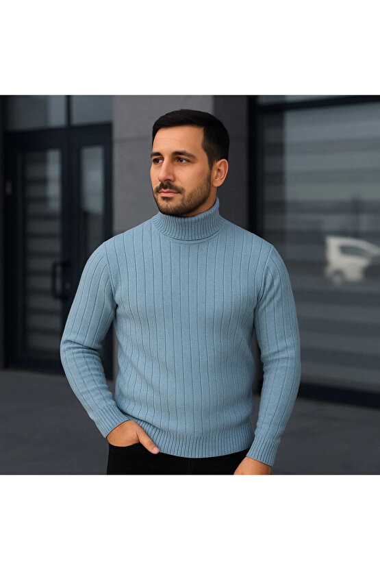 Erkek Balıkcı Yaka Bağazlı Triko Kazak Pamuklu Kalın Fitilli Dokuma, Regular Fit Uzun Kollu Kışlık M