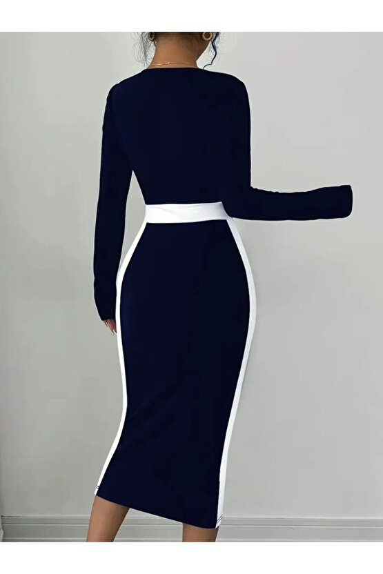 Kadın Uzun Kollu Geometrik Yaka Midi Ithal Krep Elbise