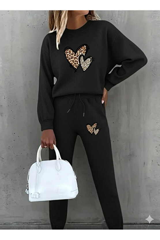 Kadın Uzun Kollu Bisiklet Yaka Kalp Desenli şardonlu üç Iplik Bluz Ve Pantolon Ikili Takım