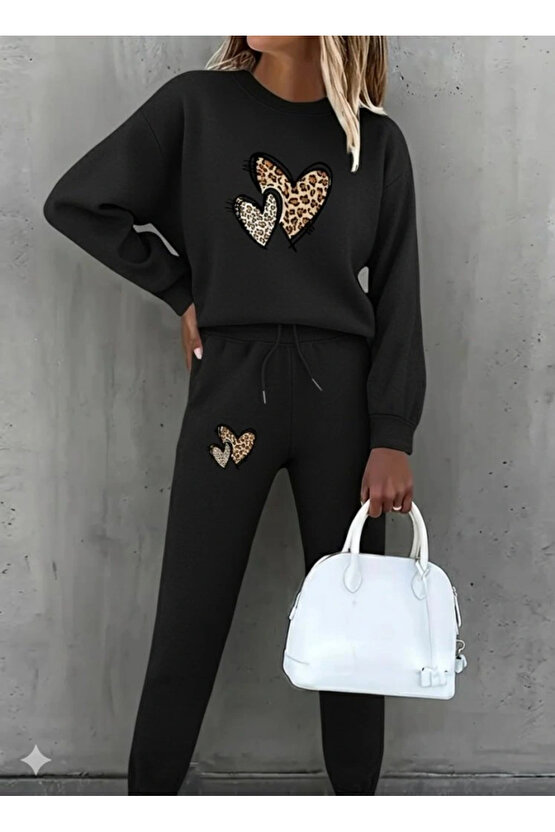 Kadın Uzun Kollu Bisiklet Yaka Kalp Desenli şardonlu üç Iplik Bluz Ve Pantolon Ikili Takım