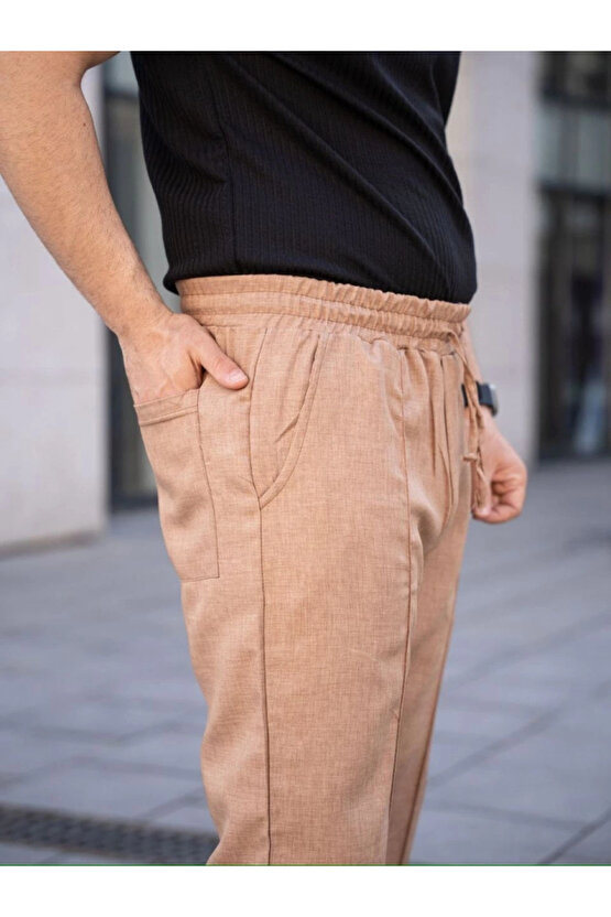 Erkek Keten Cepli Çıma Dikişli Jogger Buggy Pantalon Rahat Kalıp - Kahverengi