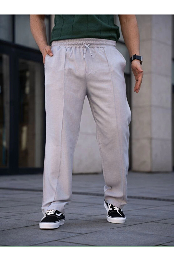 Erkek Keten Cepli Çıma Dikişli Jogger Buggy Pantalon Rahat Kalıp - Gri