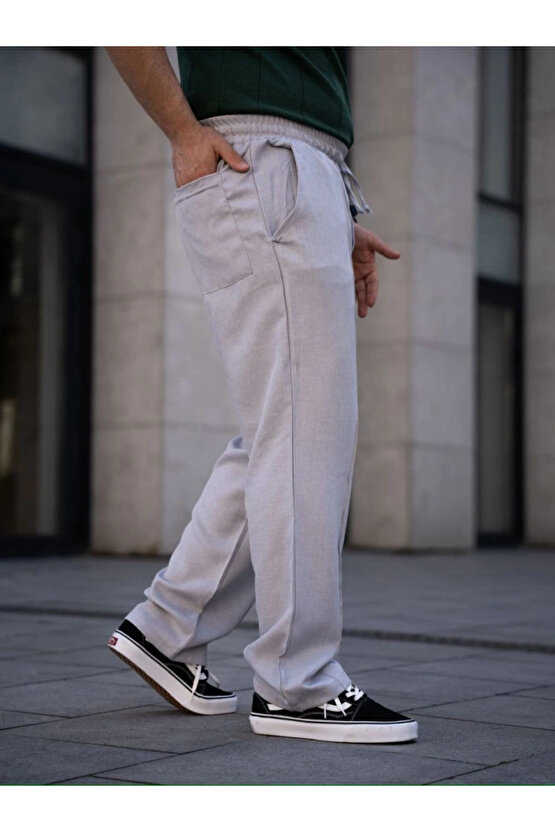 Erkek Keten Cepli Çıma Dikişli Jogger Buggy Pantalon Rahat Kalıp - Gri