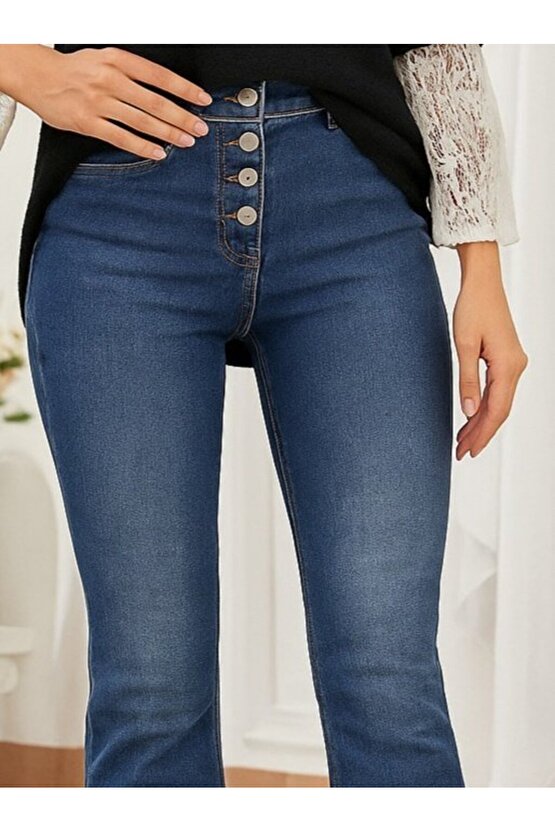 EQURİ Kadın Yüksek Bel önden Düğmeli Cep Detay Ispanyol Paça Denim Pantolon