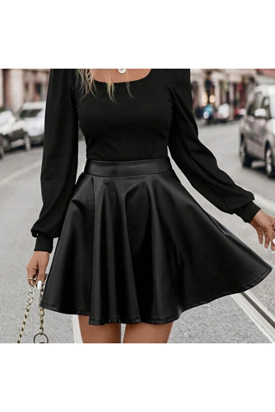 Kadın Uzun Kollu Kare Yaka üst Viskon Alt Deri Mini Elbise