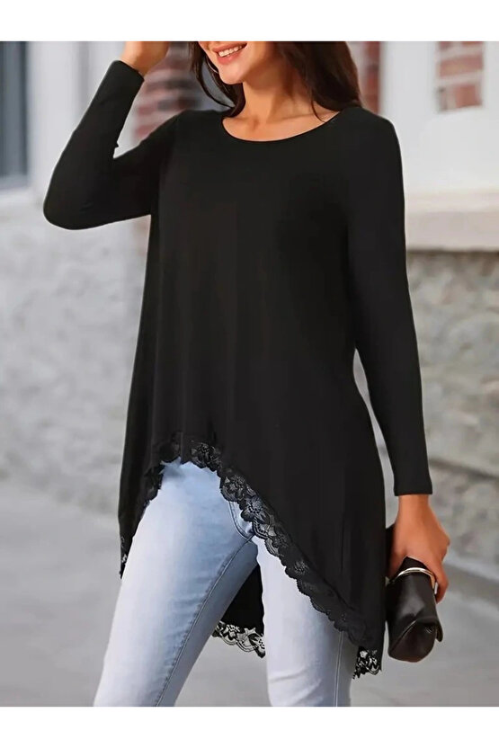 Kadın Uzun Kollu Bisiklet Yaka Asimetrik Kesim Detaylı Dantelli Viskon Bluz