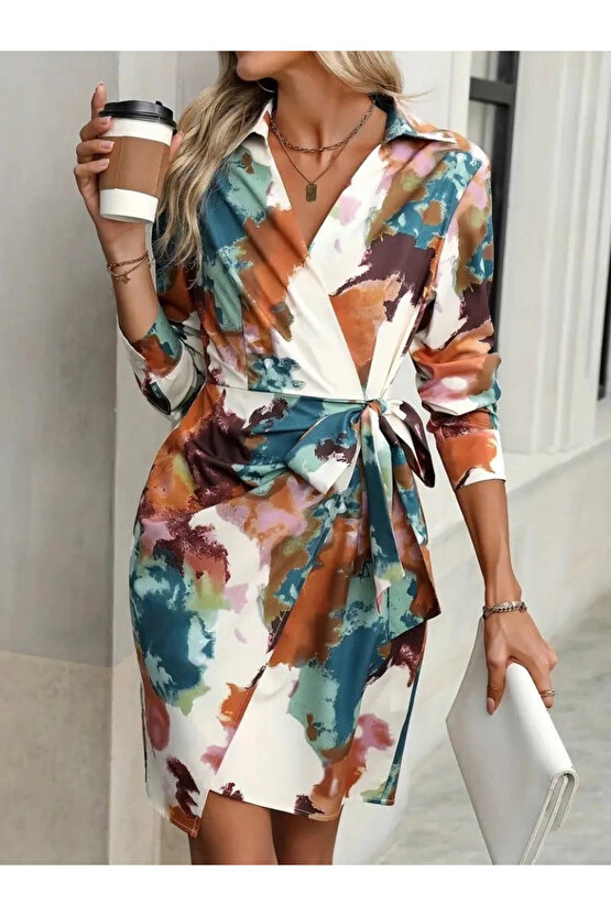 Kadın Uzun Kollu Yakalı Yandan Bağlamalı Mini Desenli Modal Elbise
