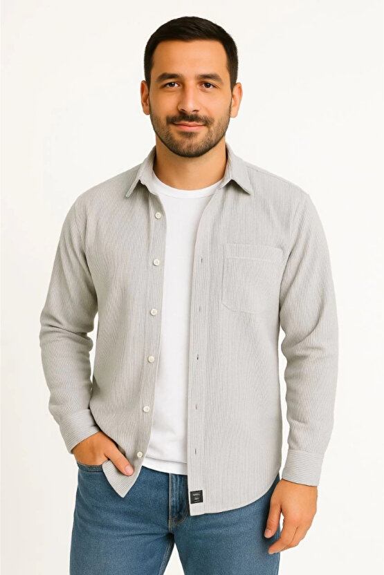 Erkek Fitilli Kadife Cepli Gömlek Oversize Rahat Kalıp - Gri