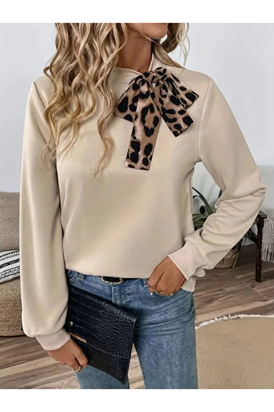 Kadın Uzun Kollu Yakadan Bağlamalı Viskon Iki Iplik Bluz