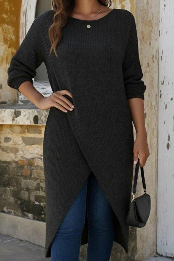 Kadın Uzun Kollu Bisiklet Yakalı önden çapraz Kesim Detaylı Midi Triko Elbise