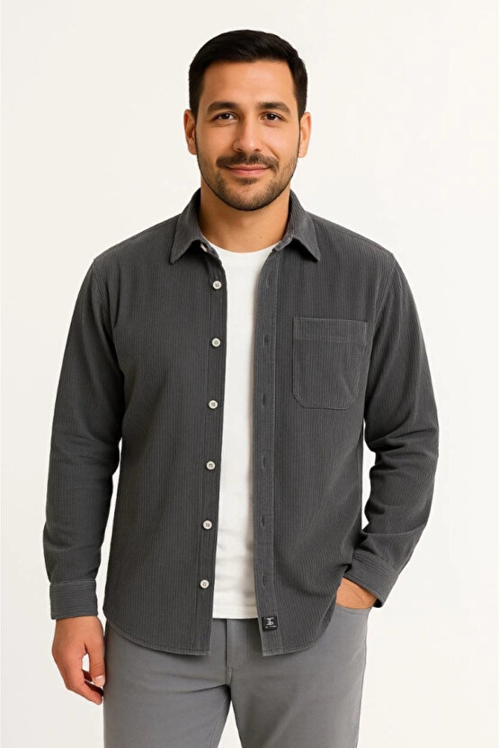 Erkek Fitilli Kadife Cepli Gömlek Oversize Rahat Kalıp - Füme