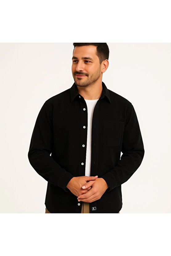 Erkek Fitilli Kadife Cepli Gömlek Oversize Rahat Kalıp - Siyah