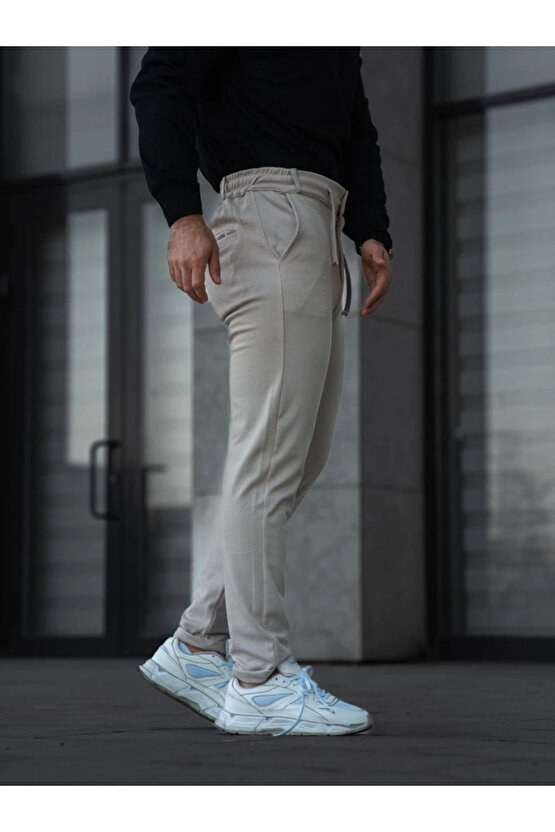 Erkek Diagonel Mikro Dokulu Cepli Pantolon - Bej