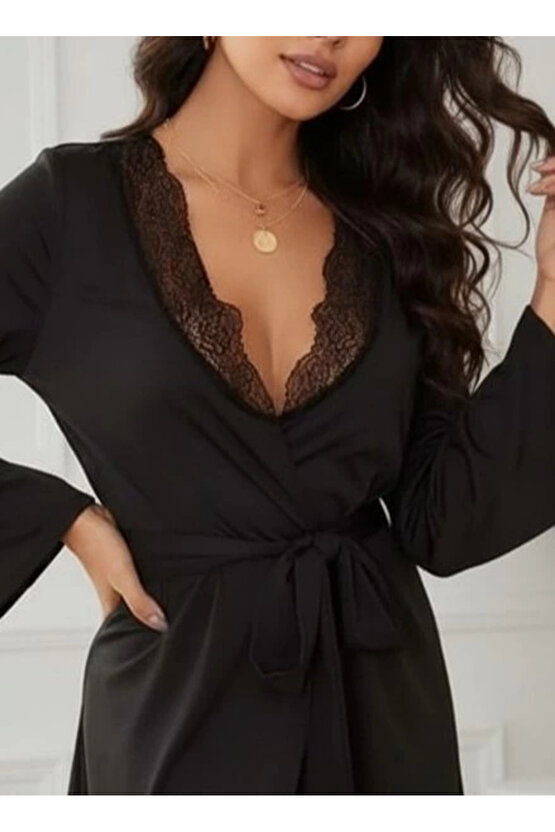 Kadın Uzun Kollu Dantel Yakalı Belden Kuşaklı Viskon Gecelik