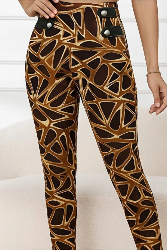 Kadın Yüksek Bel Kaz Ayağı Desenli Yan şerit Düğme Detaylı Dalgıç Pantolon