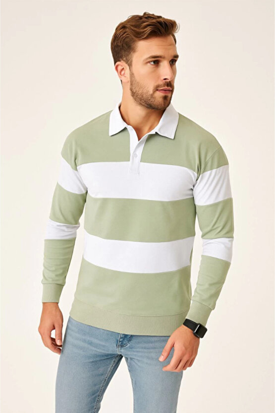 EQURİ Erkek Polo Yaka Uzun Kollu Çizgili Sweatshirt Trend Rugby Stil - Mint Yeşili