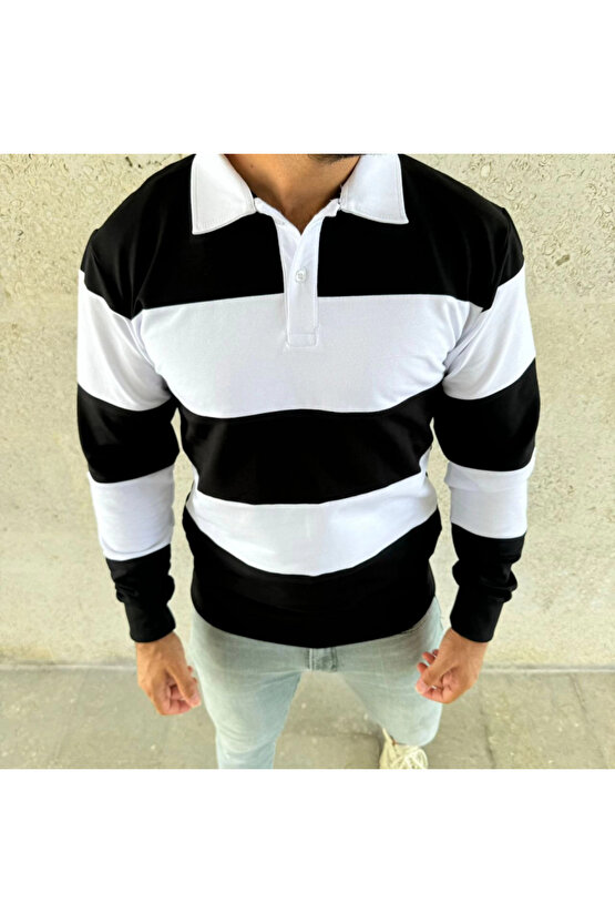 EQURİ Erkek Polo Yaka Uzun Kollu Çizgili Sweatshirt Trend Rugby Stil - Siyah