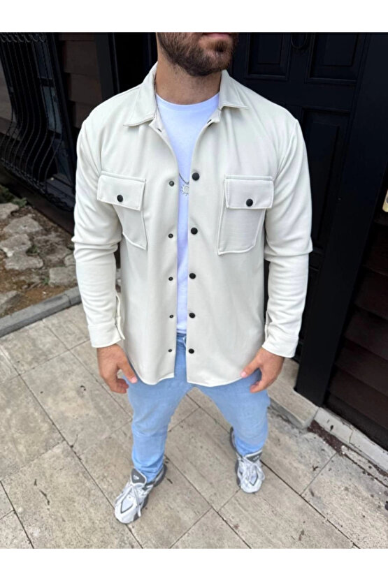 Erkek Diagonal Kumaş Cepli Çıtçıtlı Uzun Kollu, Gömlek Oversize Rahat Kalıp Günlük Şık Stil - Beyaz