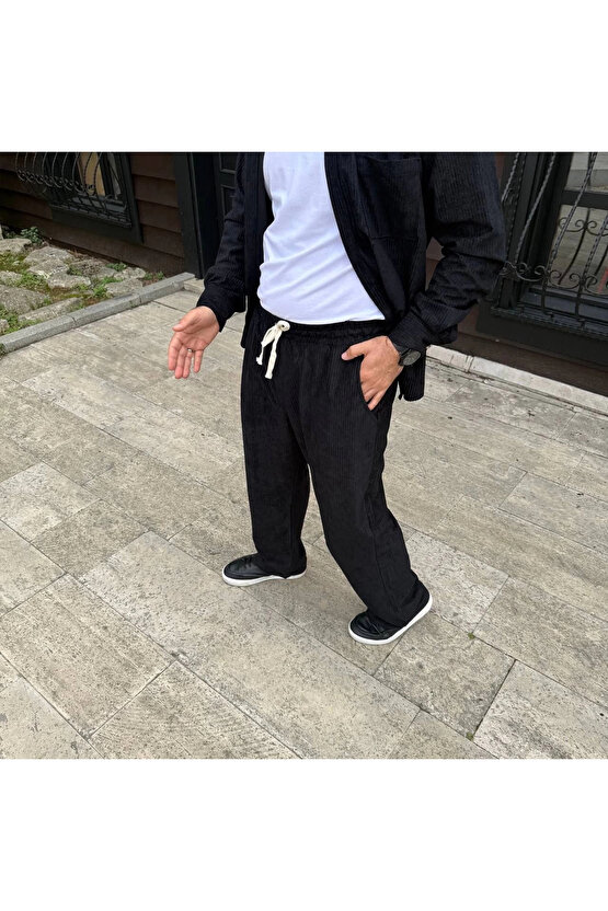 Erkek Fitilli Kadife Cepli Buggy Pantolon Oversize Rahat Kalıp - Siyah