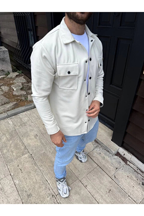 Erkek Diagonal Kumaş Cepli Çıtçıtlı Uzun Kollu, Gömlek Oversize Rahat Kalıp Günlük Şık Stil - Beyaz