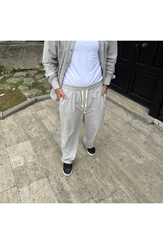 Erkek Fitilli Kadife Cepli Buggy Pantolon Oversize Rahat Kalıp - Gri